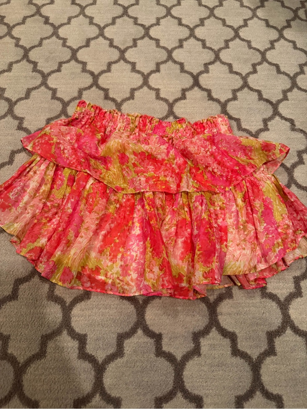 LoveShackFancy Pink and Green Floral Ruffled Mini Skirt